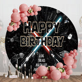 Aperturee - Aperturee Black Starry Galaxy War Round Happy Birthday Backdrop
